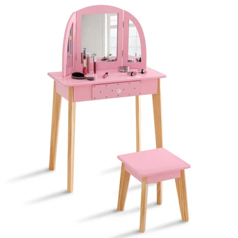 Dětský toaletní stolek s taburetkou, růžová/přírodní